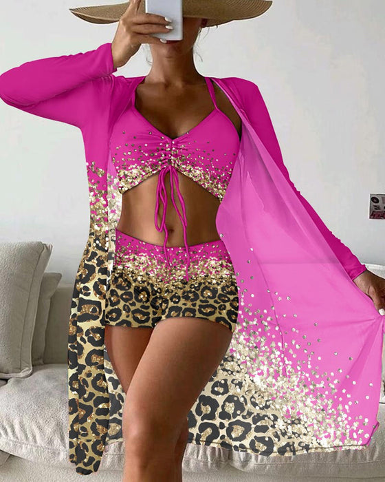 Leopard Ombre Print Swimsuit Three-Piece Set