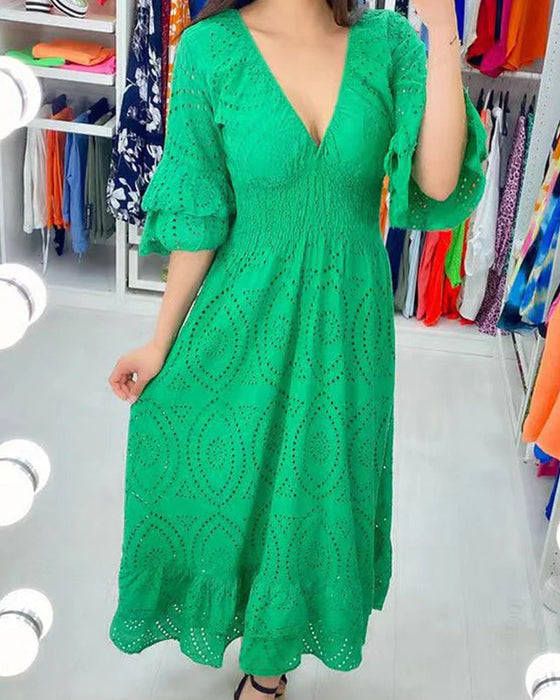 Loose solid color v neck high waist dress