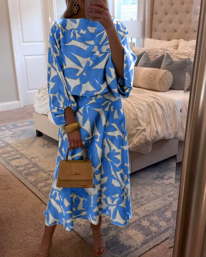 Temperament Printed Lantern Sleeves Casual Dress Set