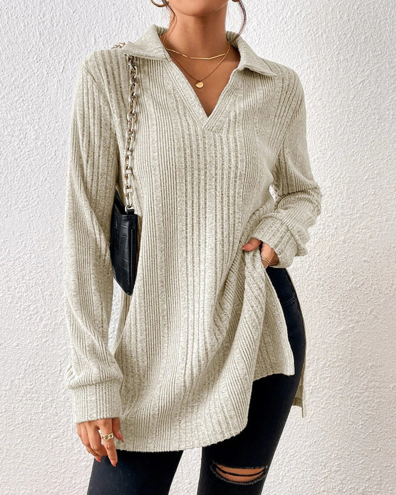 Rib solid color lapel top