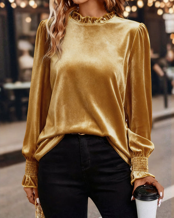Ruffled Velvet Long Sleeve Top