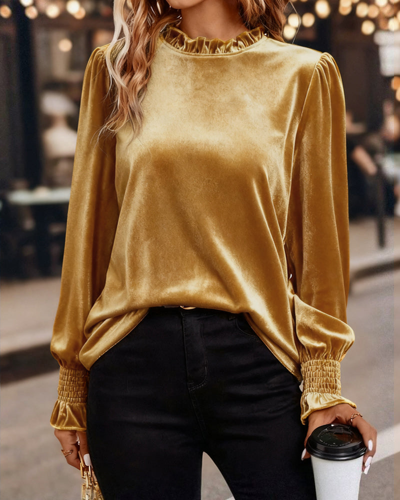 Ruffled Velvet Long Sleeve Top