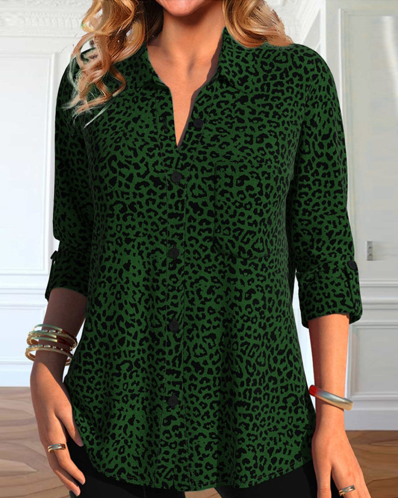 Leopard print lapel casual shirt