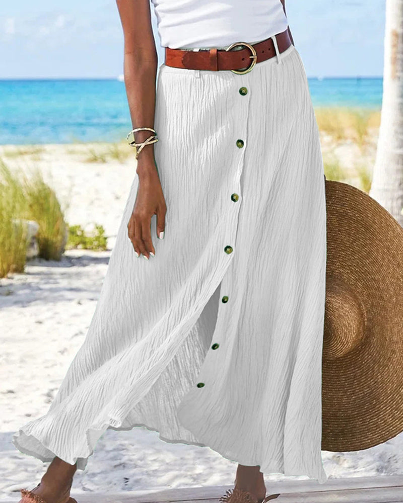 Button Slit Solid Color Long Skirt