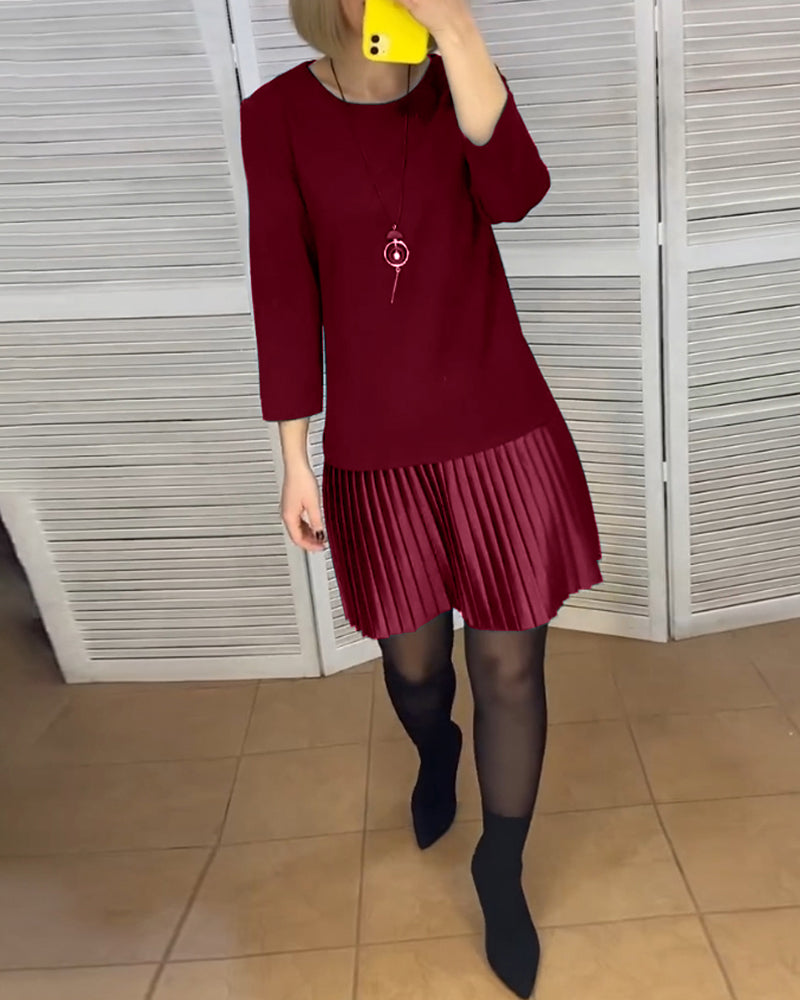 Pleated patchwork solid color dress