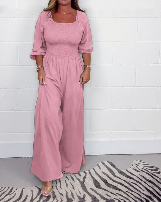 Square neck solid color pocket jumpsuit