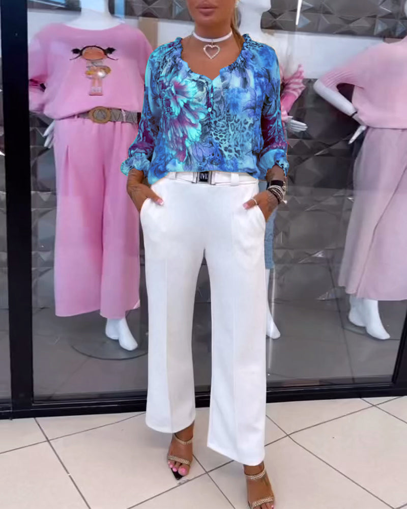 V-Neck Floral Print Blouse
