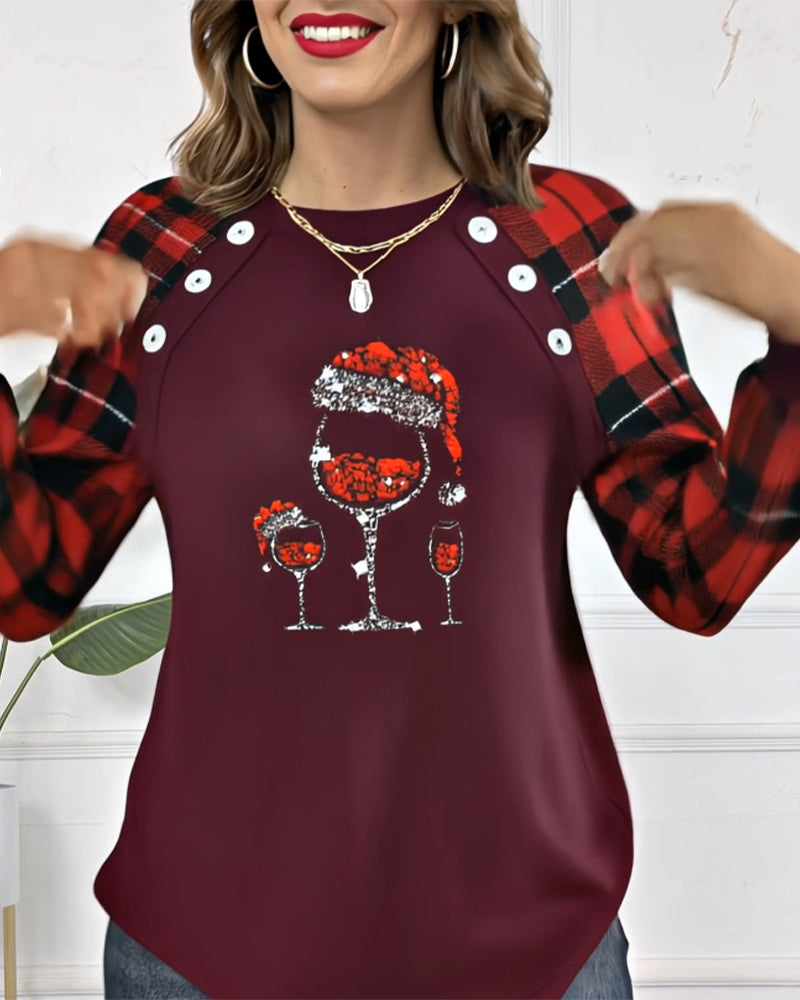 Wine Glass Printed Plaid Sweatshirt