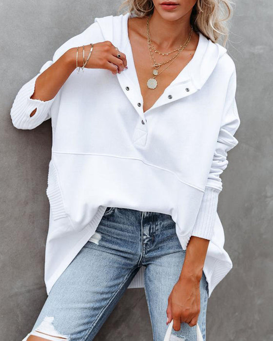 Casual V-Neck Hooded Solid Color Loose Sweatshirt
