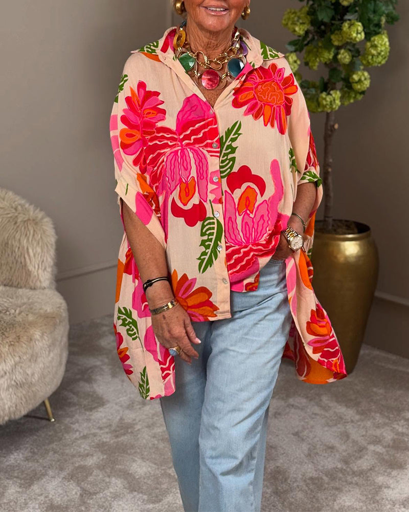 Lapel Floral Asymmetric Blouse