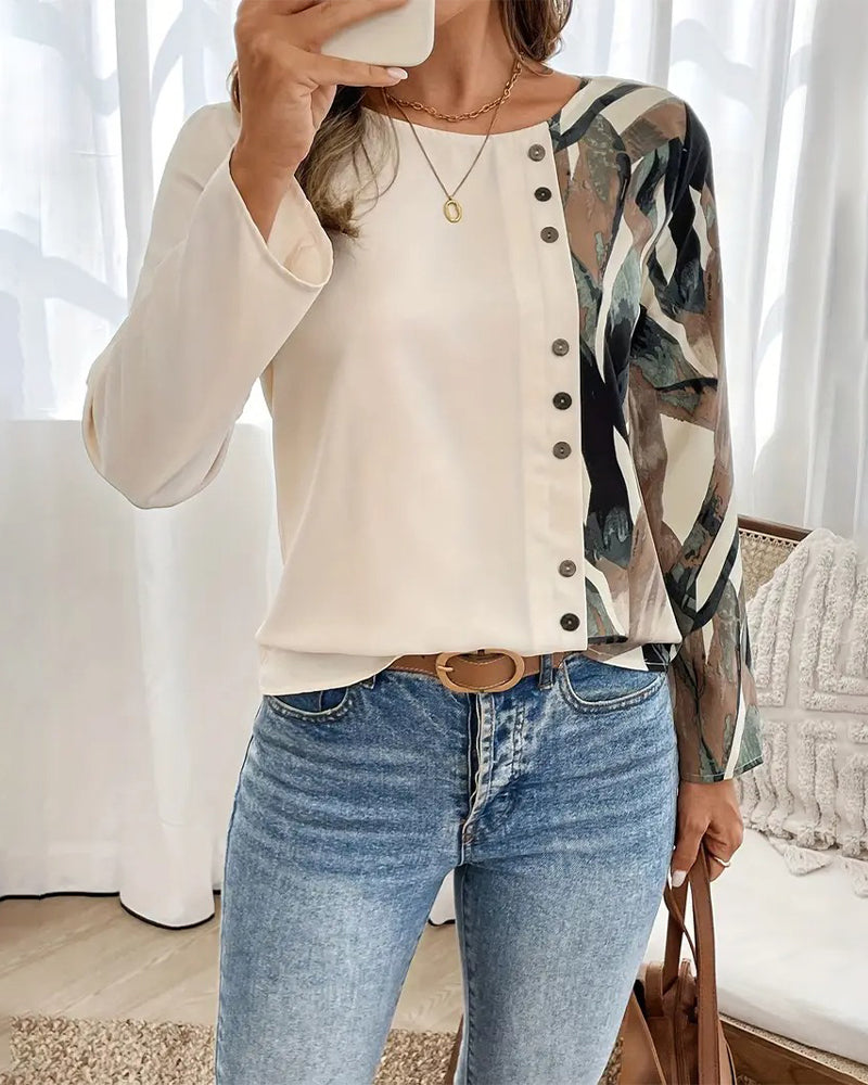 Patchwork Printed Crew Neck Top