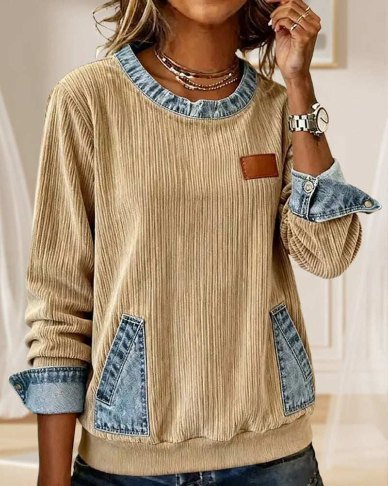 Casual Long-Sleeved Denim Pocket Sweatshirt