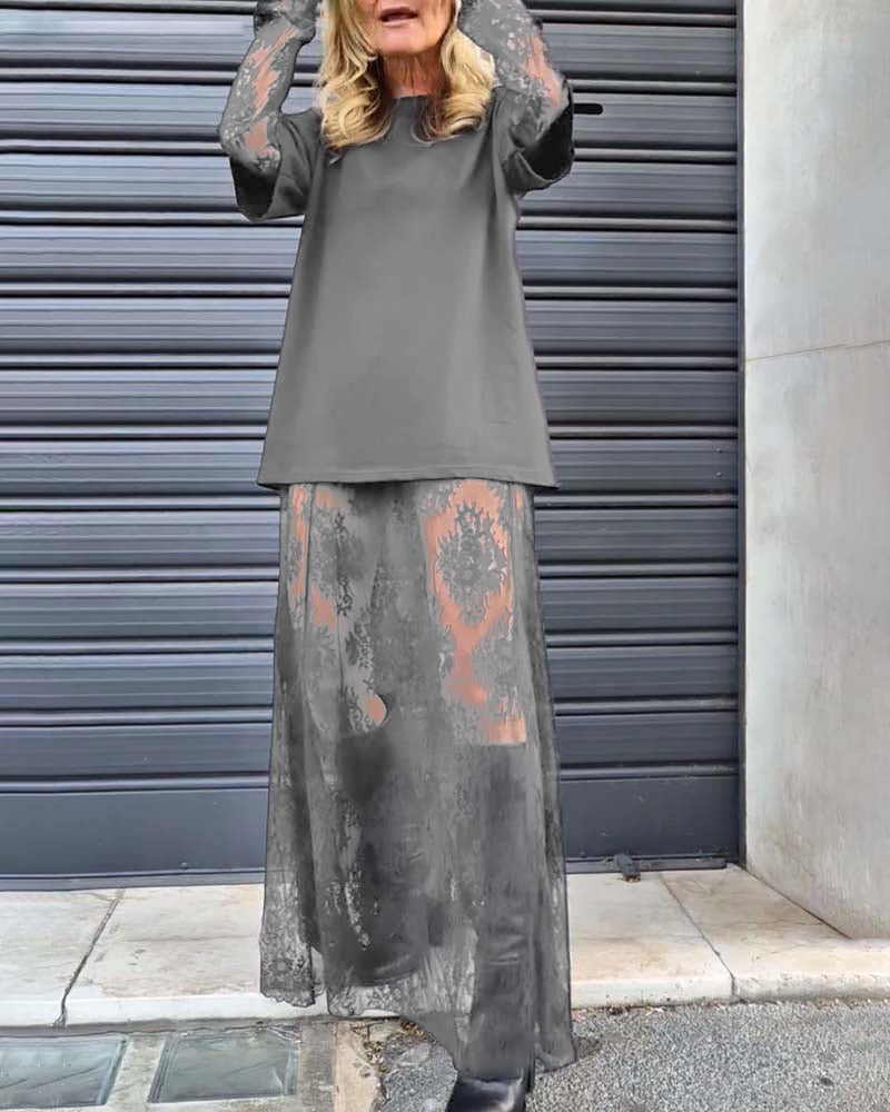 Two-piece set - solid color T-shirt and lace skirt