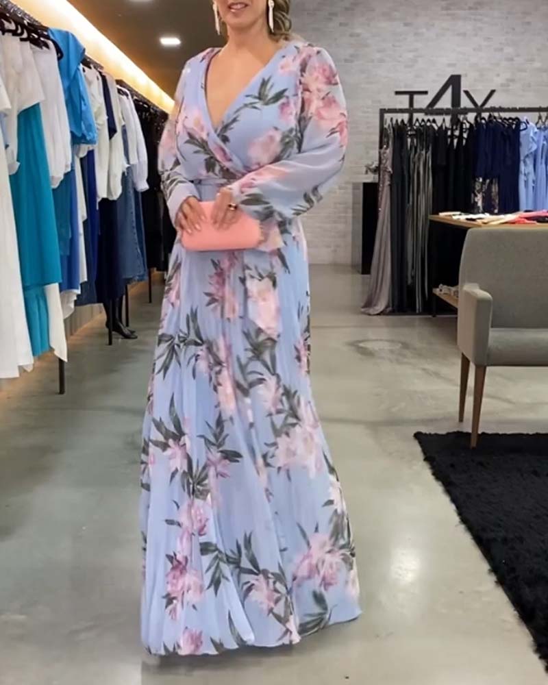 V-Neck Long Sleeve Floral Print Dress