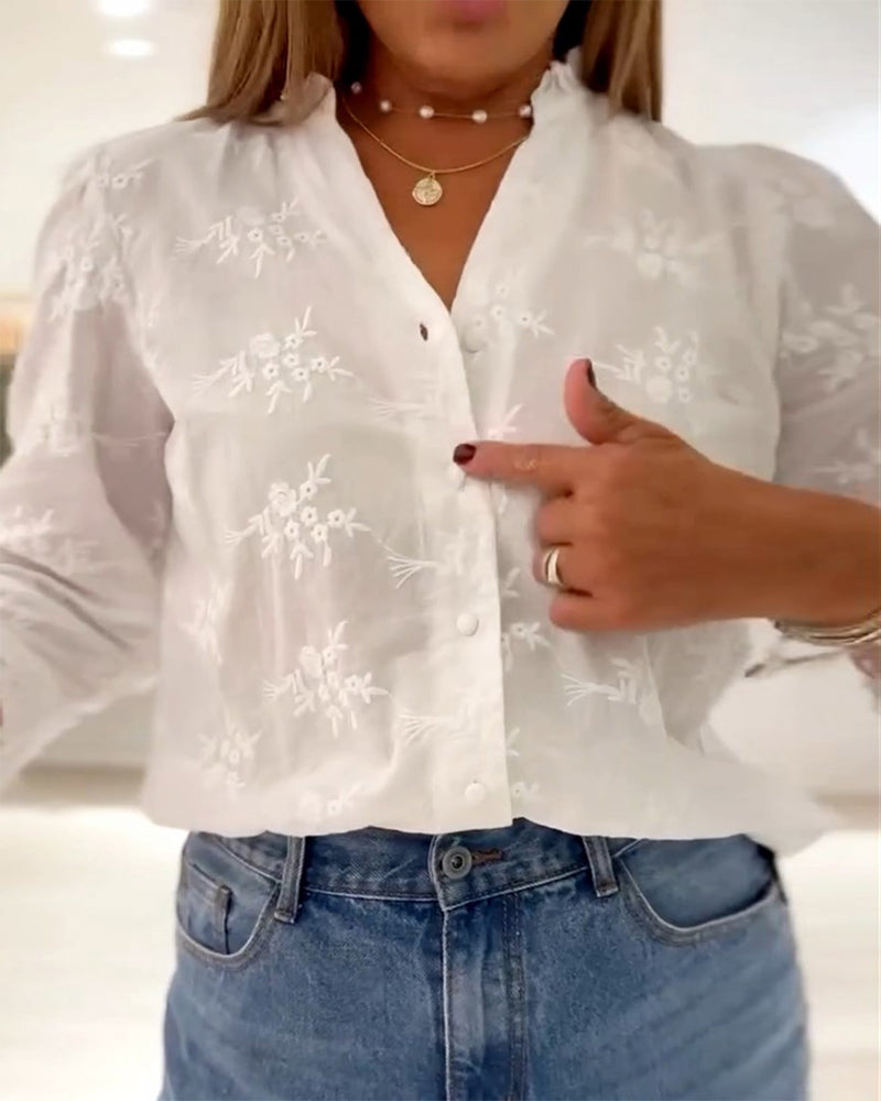 Elegant floral embroidered buttons blouse