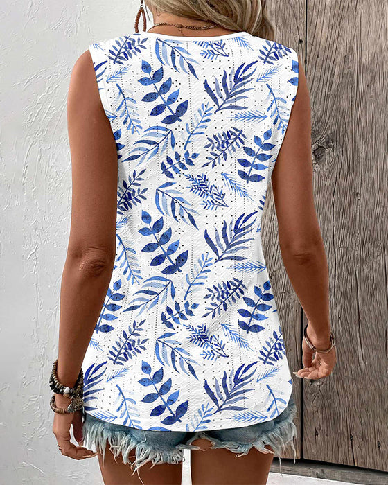 V-neck leaf print tank top