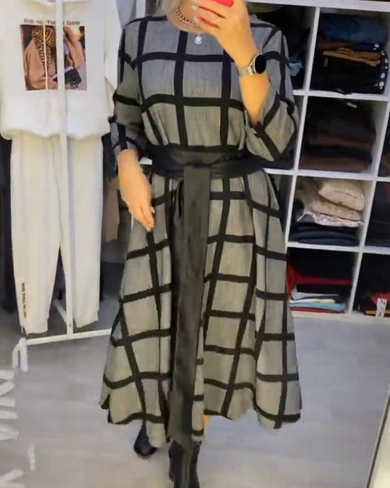 A-Line Plaid Dress with Round Neck