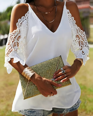 Off-Shoulder Hollow Solid Color Blouse