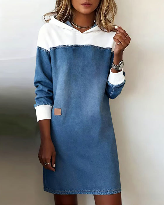 Hooded Denim Patchwork Drop Shoulder Dress
