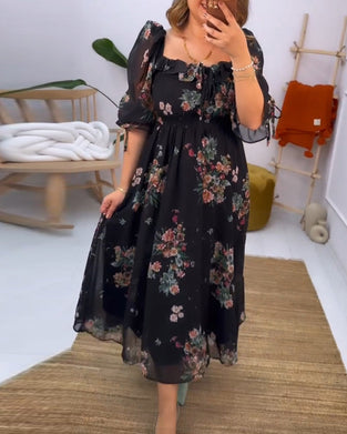 Floral print square neck elegant dress