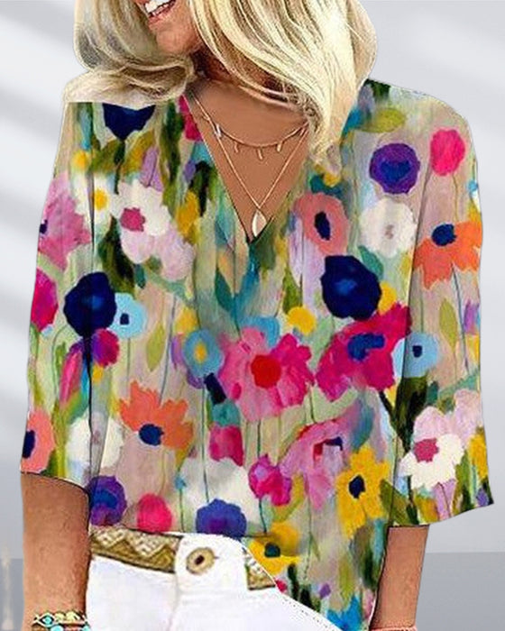 Colorful floral print V-neck three-quarter sleeve casual shirt