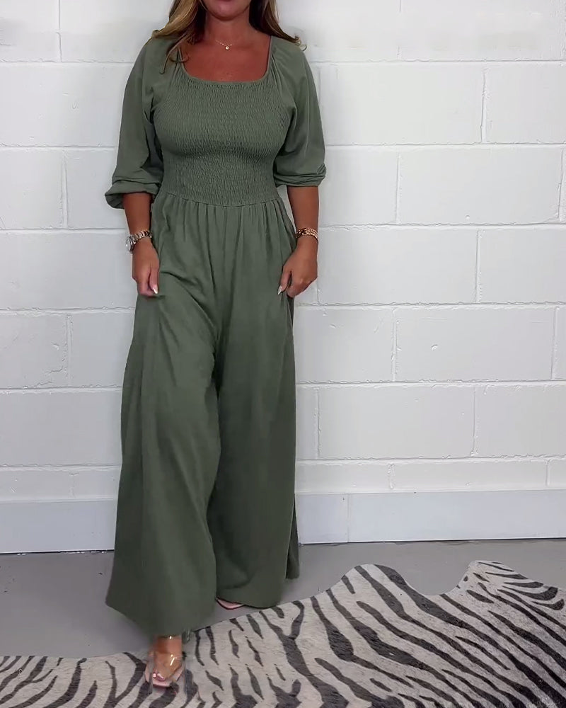 Square neck solid color pocket jumpsuit