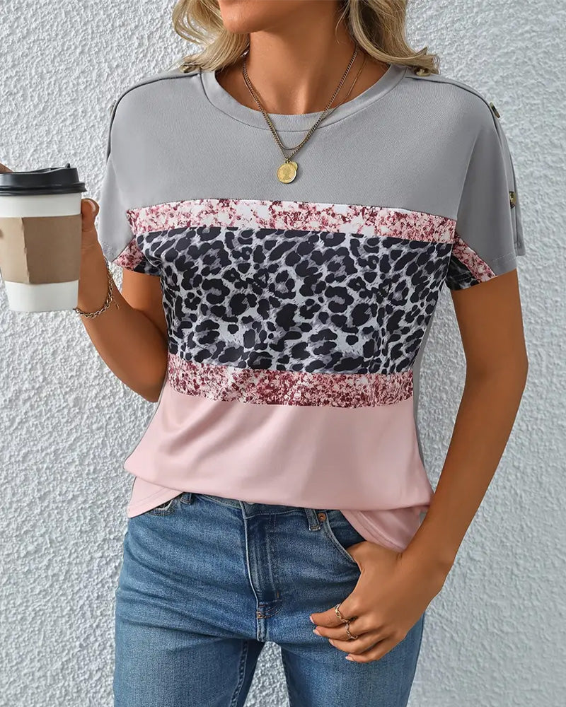 Crew Neck Leopard Print Color Block T-Shirt