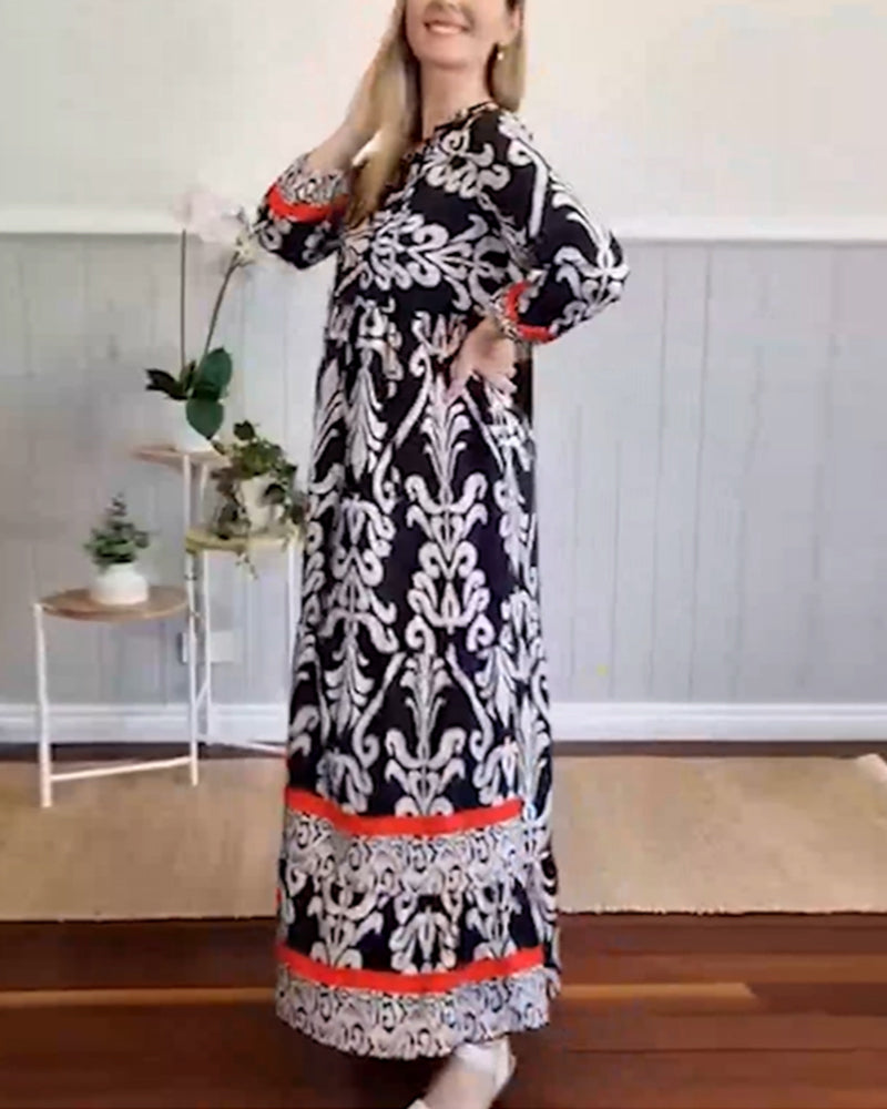 Retro printed V-neck long dress