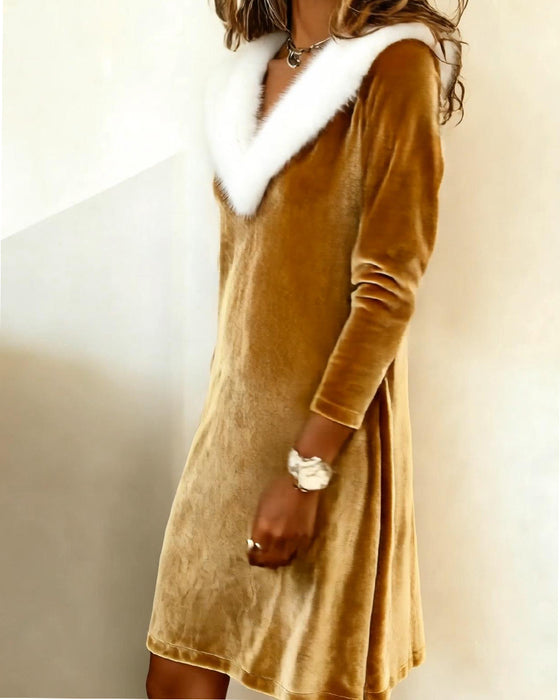 Fur-Collar Long-Sleeved Fitted Dress