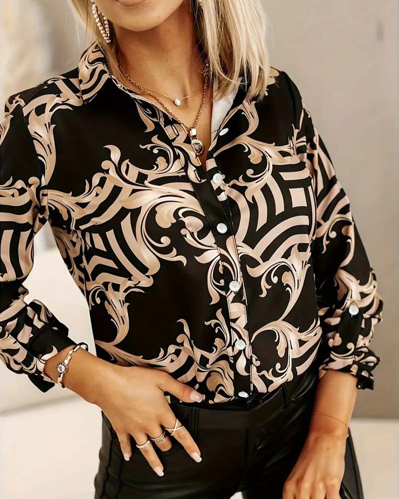Casual Printed Lapel Long Sleeve Shirt