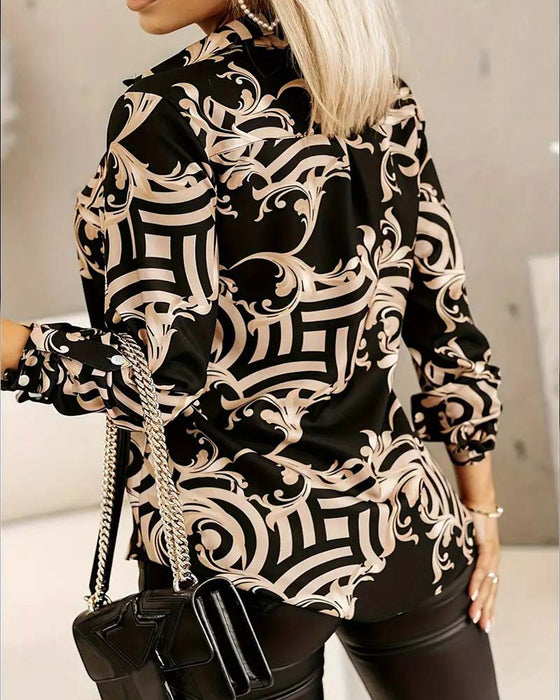 Casual Printed Lapel Long Sleeve Shirt