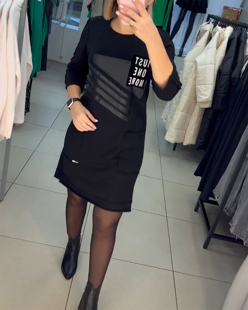 Pocket print Shift dress with Long Sleeve