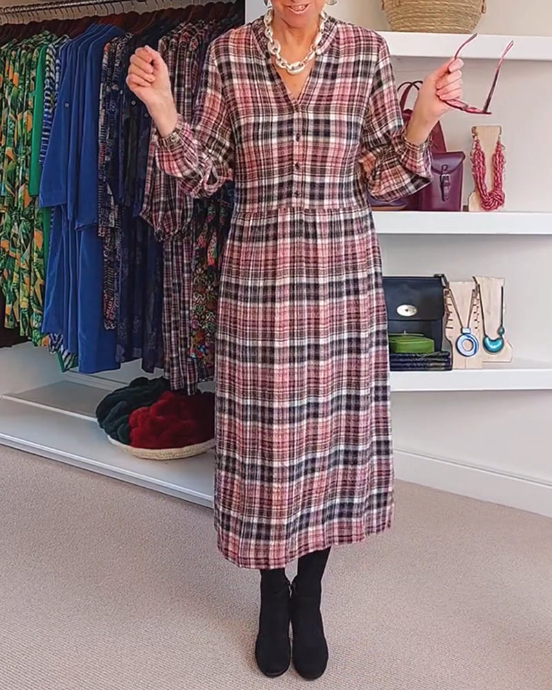 Long-Sleeved V-Neck Plaid Dress
