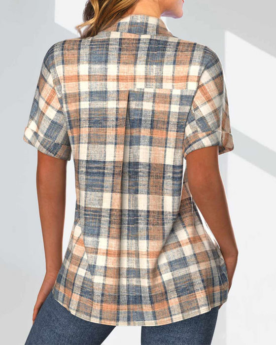 Button Plaid Print Short Sleeve Blouse