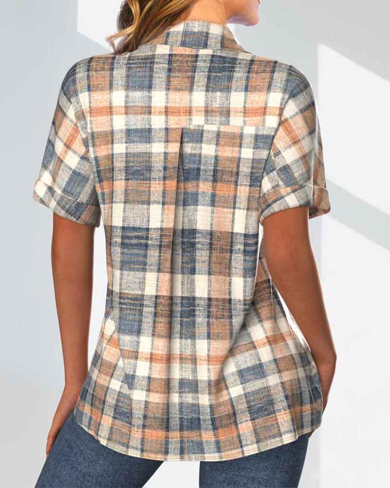 Button Plaid Print Short Sleeve Blouse
