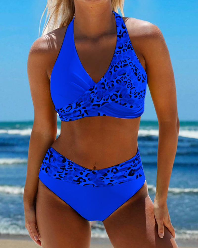 Halterneck leopard patchwork print bikini