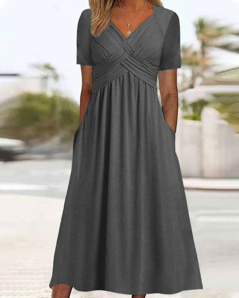 Solid color v neck dress