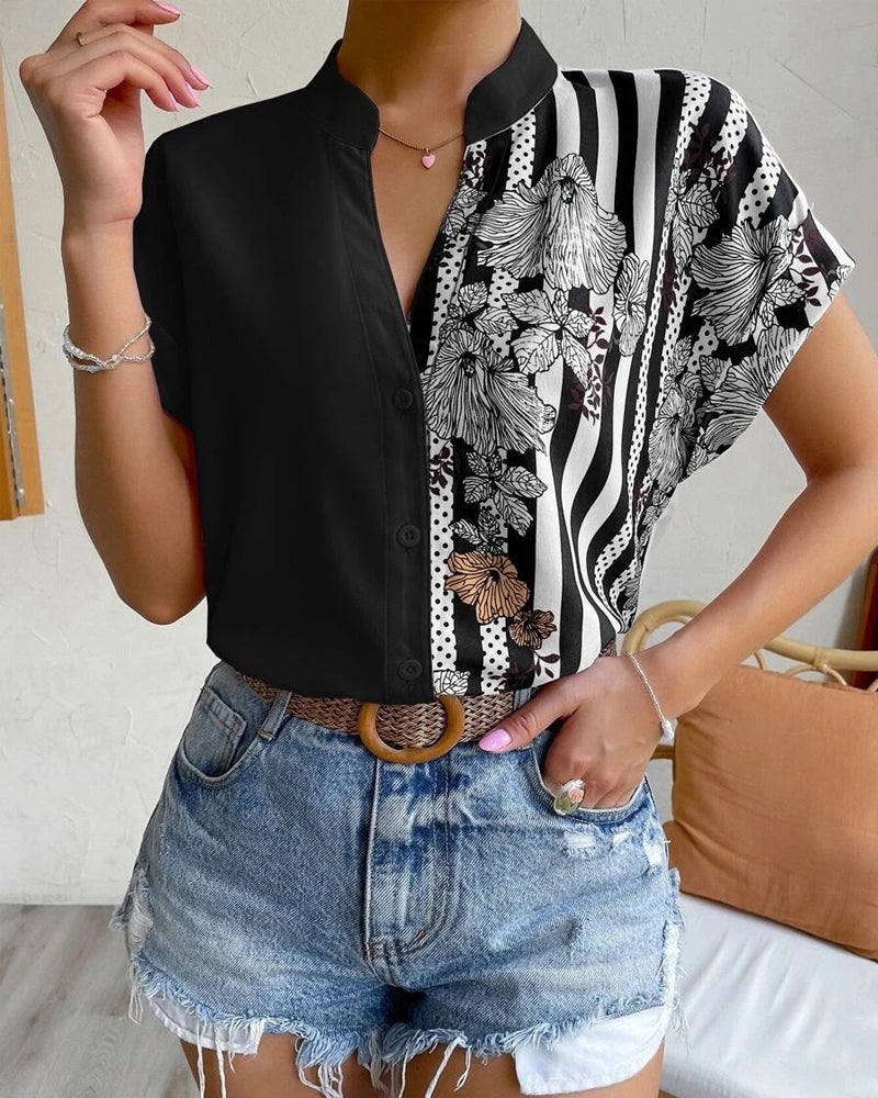 Paneled floral print button short sleeve blouse