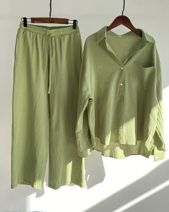 Solid color shirt pants two piece set