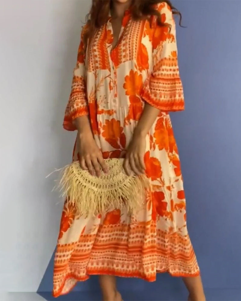 Fallen leaves print casual long dress
