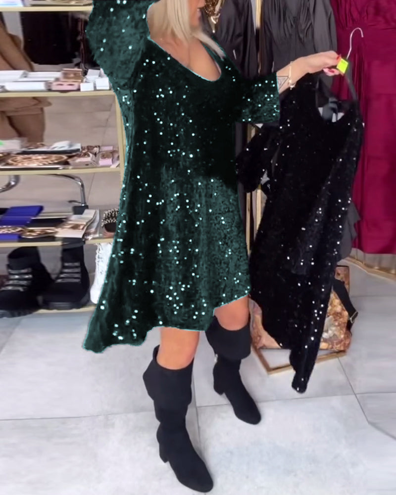 Velvet Sequined Dress With Wide Neckline