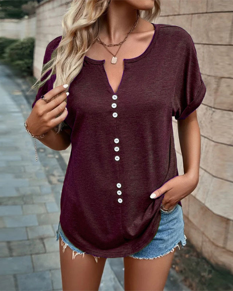 V-neck Hollow Out T-shirt with Short Sleeves