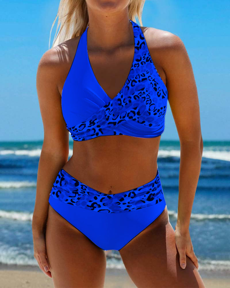 Halterneck leopard patchwork print bikini