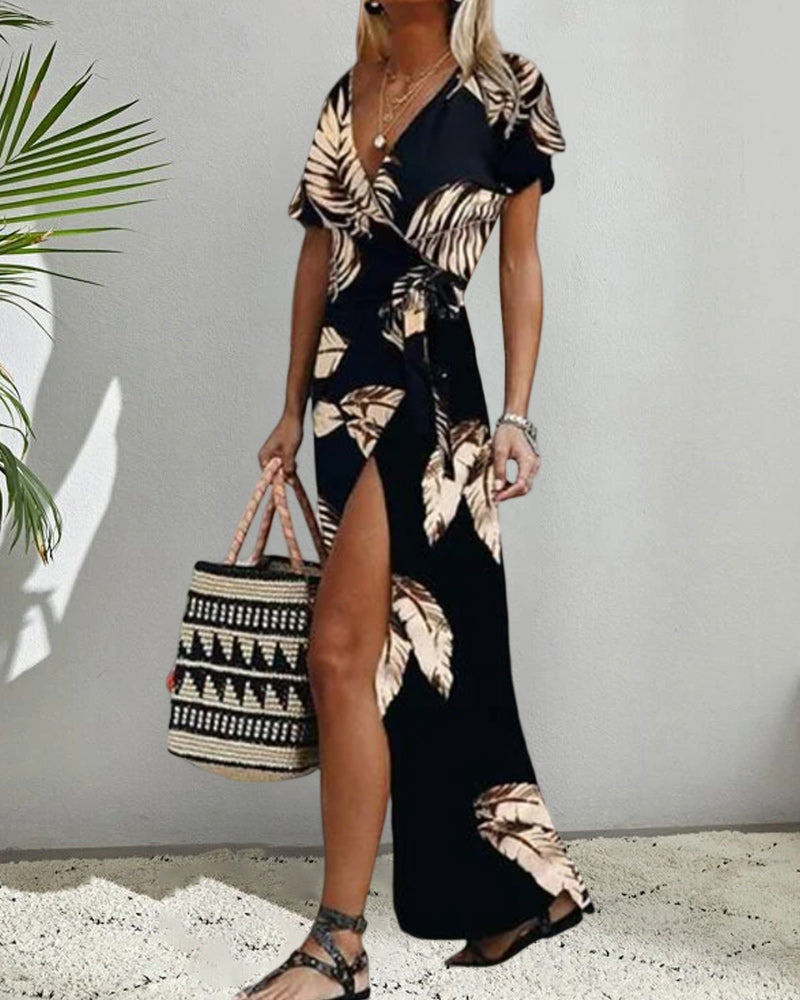 Short sleeve front slit printed dress