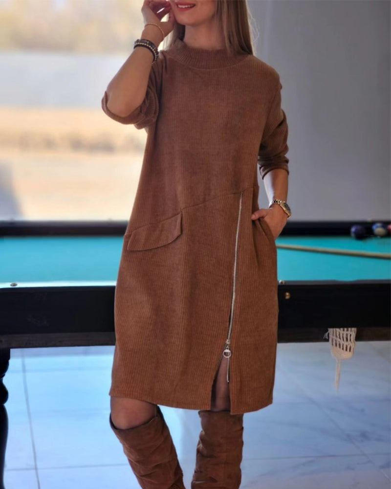 Simple Long Sleeve Dress with Zipper
