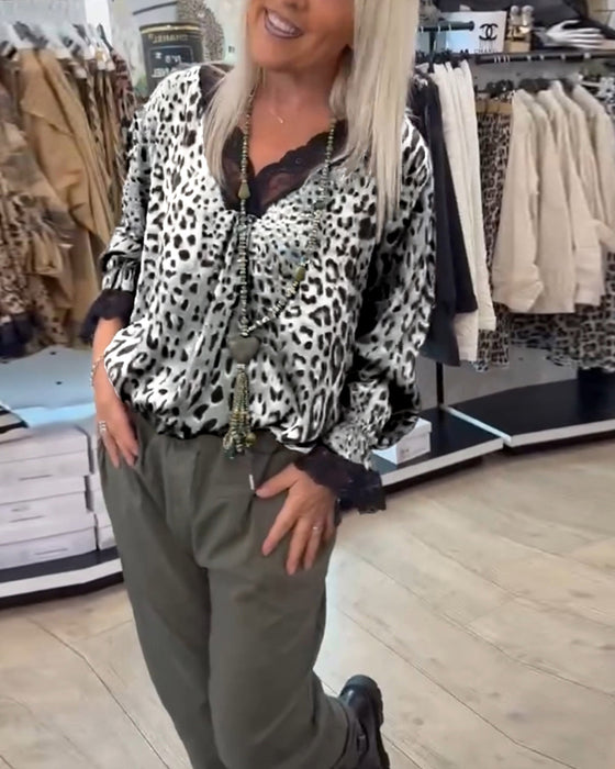Fashion leopard print V-neck lace patchwork blouse