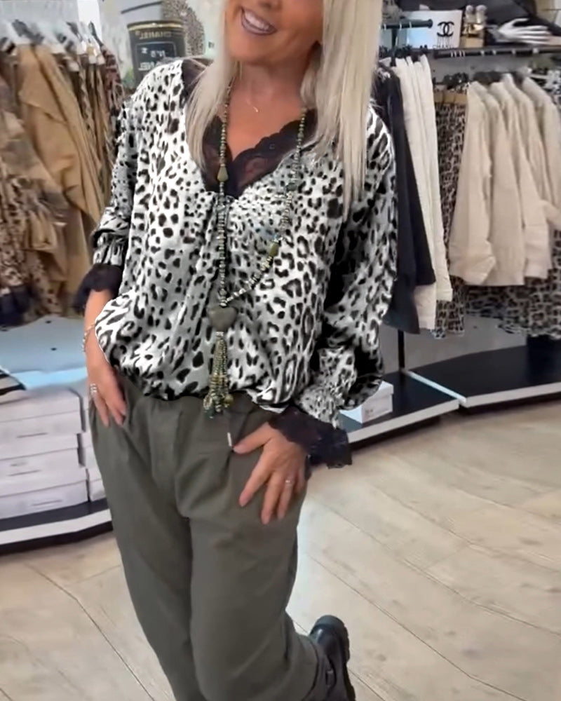 Fashion leopard print V-neck lace patchwork blouse