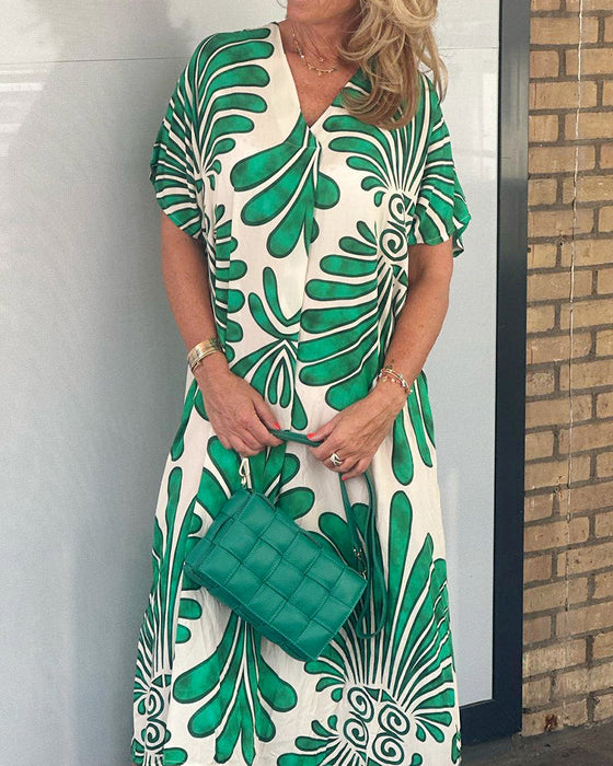 Leaf print v-neck dress