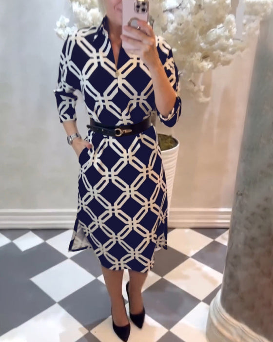 Geometric print side slit elegant dress
