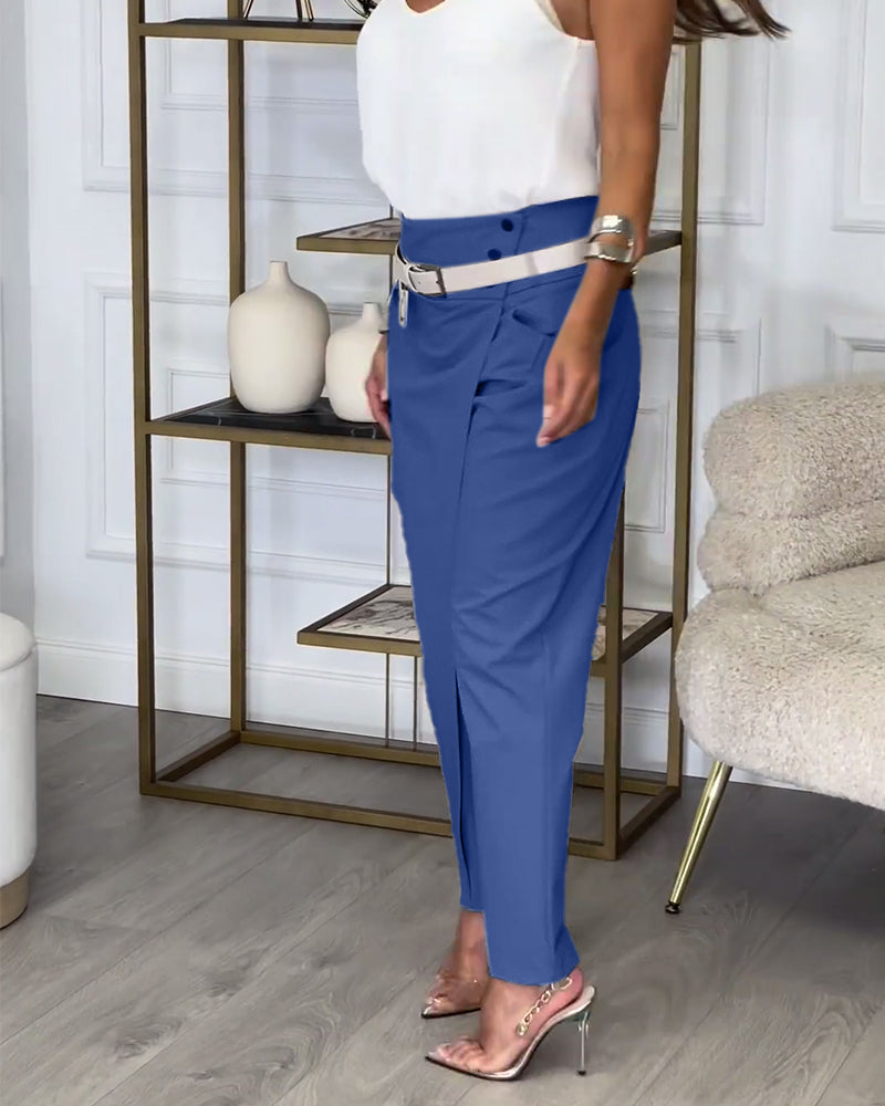 Fashionable solid color pocket irregular patchwork pants